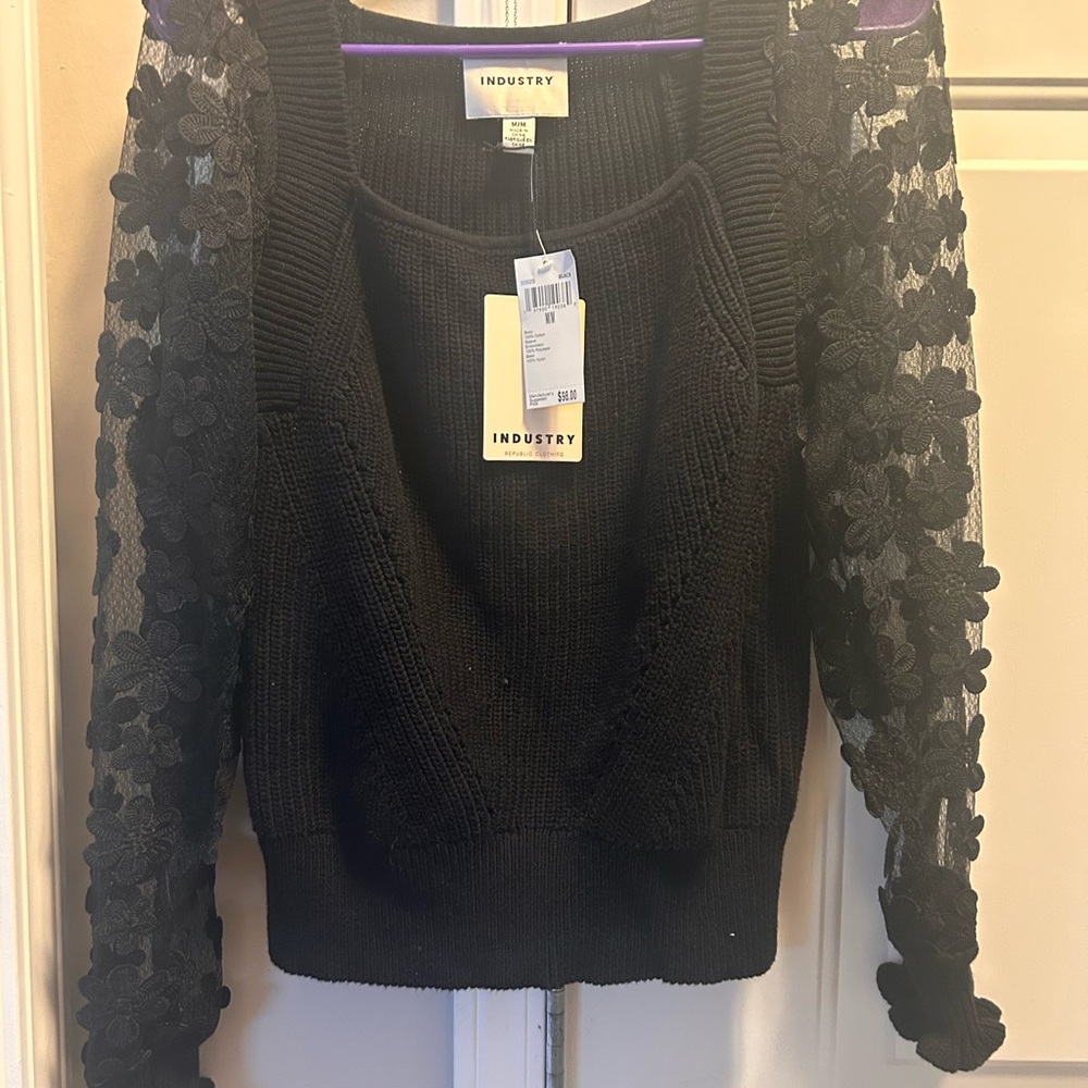 Industry Black Floral Lace V-Neck Sweater